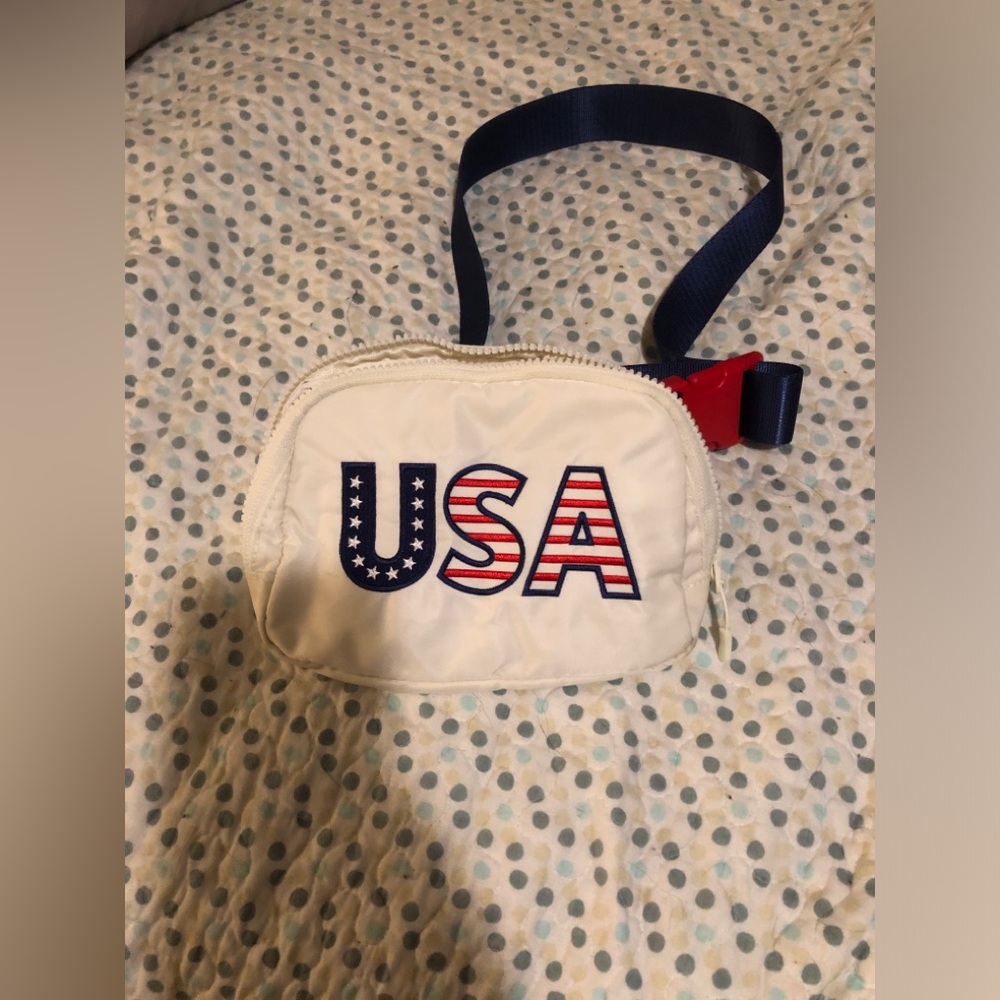 White Crossbody Belt Bag with USA Flag Lettering